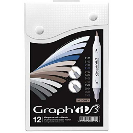 ROTULADOR GRAPH'IT DOBLE PUNTA PINCEL BASE ALCOHOL CAJA 12U COLORES MIX GREY GI80113 MCH