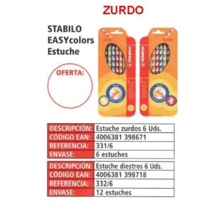 LAPIZ STABILO EASY COLOURS ZURDO 6 COLORES 331/6 ^