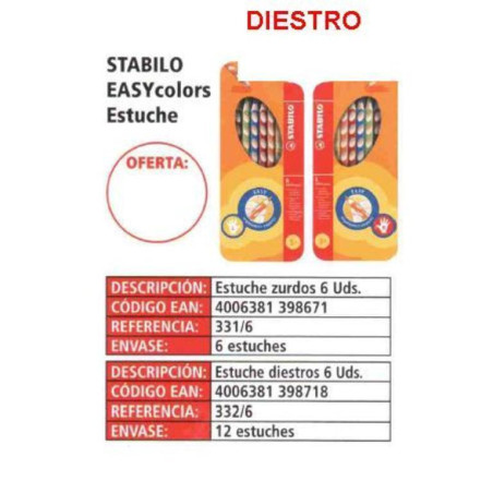 LAPIZ STABILO EASY COLOURS DIESTROS 6 COLORES 331/6 ^