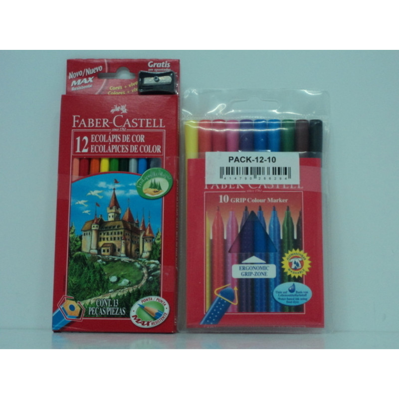 LAPIZ FABER-CASTELL COLOR ESCOLAR 12 COLORES CARTON + 10 ROTULADORES FABER CASTELL PUNTA FINA TRI