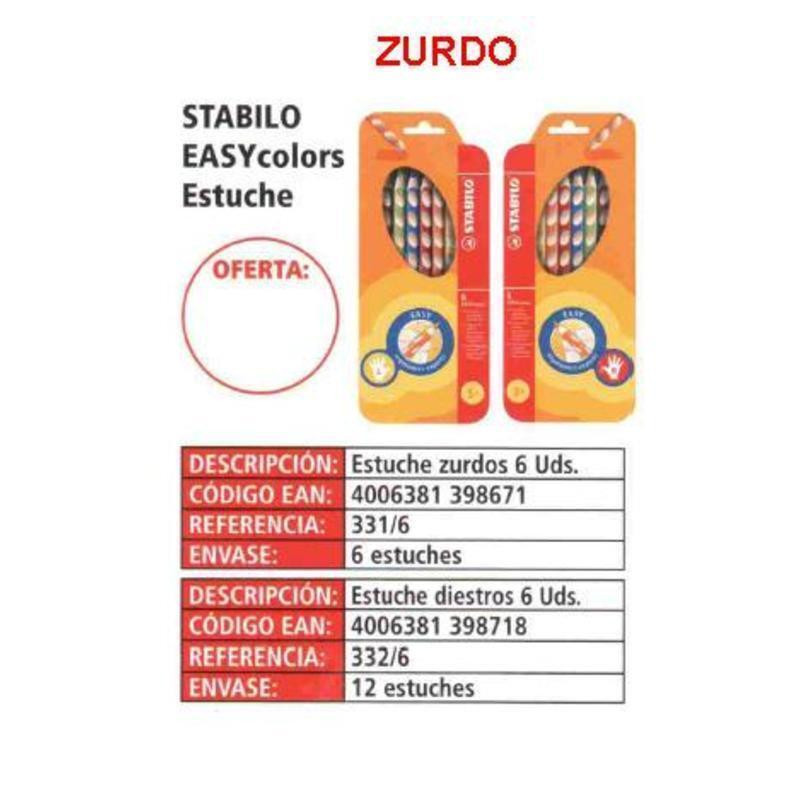 LAPIZ STABILO EASY COLOURS ZURDO 6 COLORES 331/6 ^