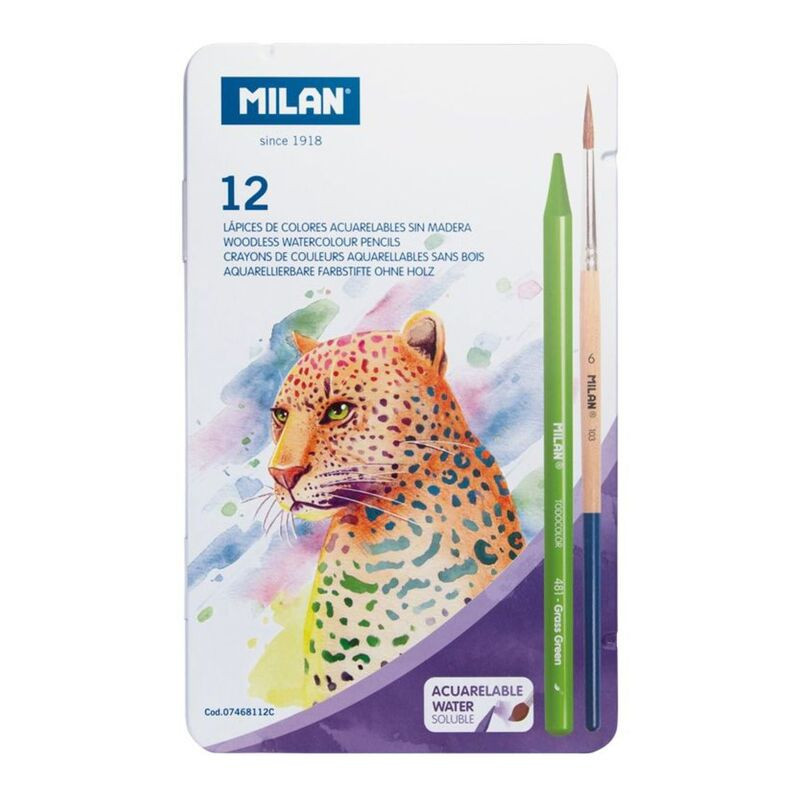 LAPIZ MILAN ACUARELABLE 12 COLORES C/PINCEL CAJA METAL 7468112C