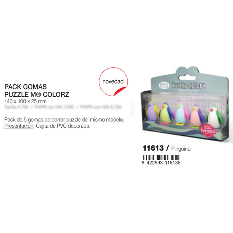 PACK PVC 5 GOMAS DE BORRAR PUZZLE DESMONTABLES COLORZ PINGÜINO MR18 GIFTS2 11613
