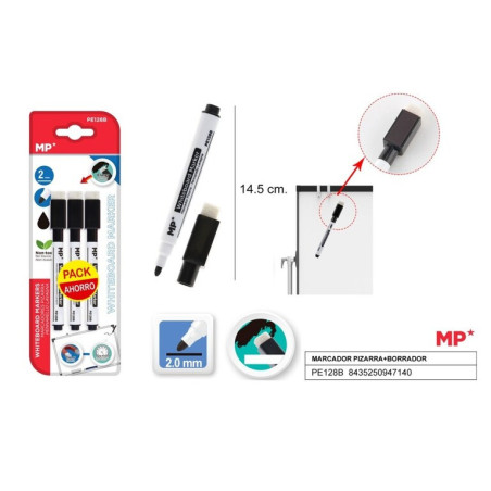 ROTULADOR MADRID PAPEL PIZARRA BLANCA ECONOMICA C/BORRADOR BLISTER 3U NEGRO PE128B