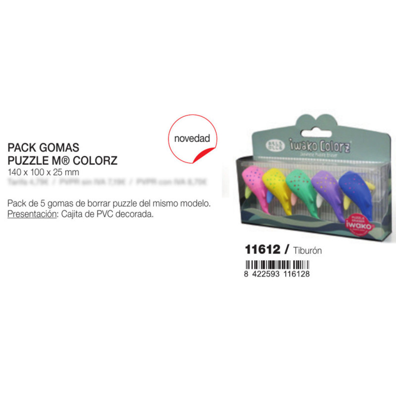 PACK PVC 5 GOMAS DE BORRAR PUZZLE DESMONTABLES COLORZ TIBURON MR18 GIFTS2 11612