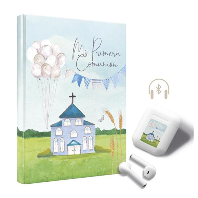 LIBRO COMUNION ARGU IGLESIA AZUL GLOBOS + AURICULARES BLUETOOTH 46950