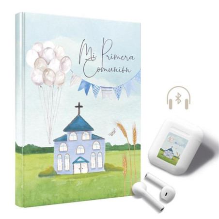 LIBRO COMUNION ARGU IGLESIA AZUL GLOBOS + AURICULARES BLUETOOTH 46950