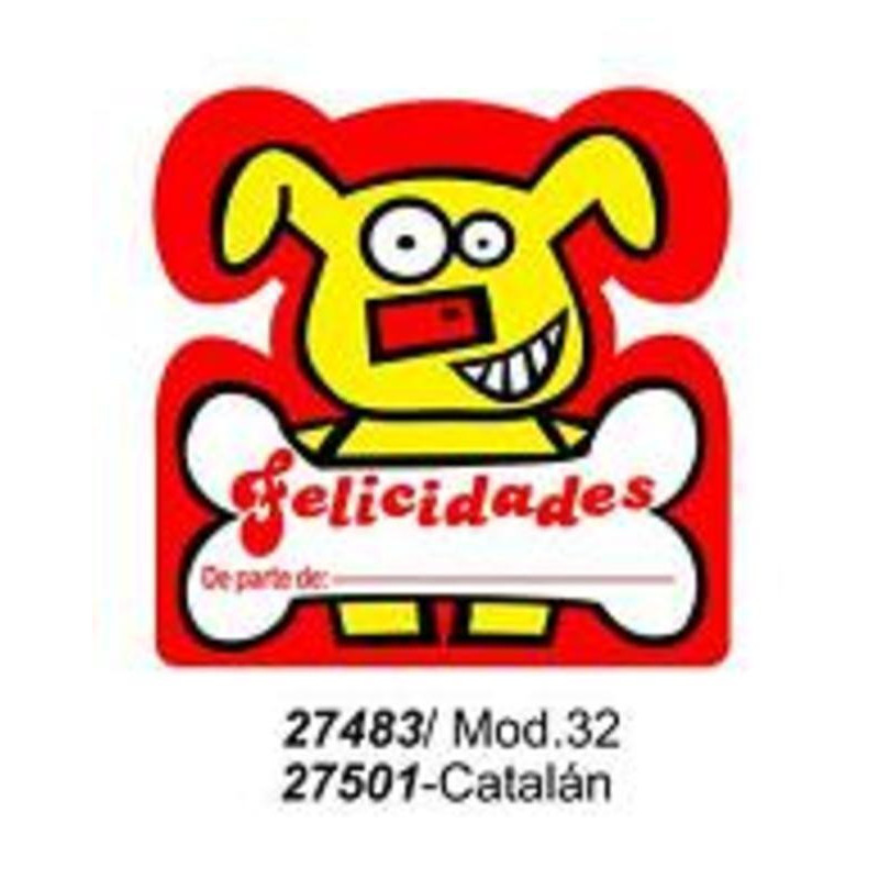 ETIQUETAS FELICIDADES METALIZADA ARGU PERRO HUESO 250U 27483 ^