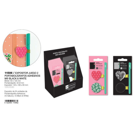 EXPOSITOR CARTON 24 JUEGOS DE 2 PORTABOLIGRAFOS ADHESIVOS BLACK & WHITE MR18 GIFTS2 11586