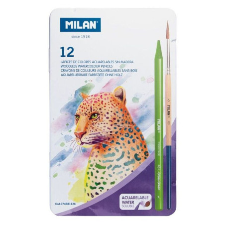 LAPIZ MILAN ACUARELABLE 12 COLORES C/PINCEL CAJA METAL 7468112C