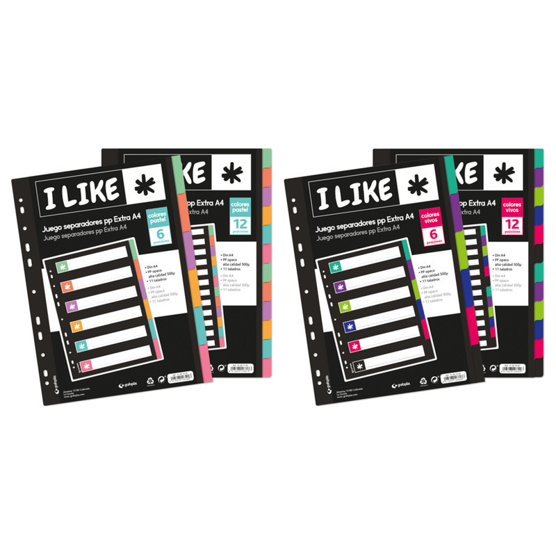 SEPARADOR A-4 PP RIGIDO 6 POSICIONES GRAFOPLAS COLORES LIKE PASTEL 11T 41261200