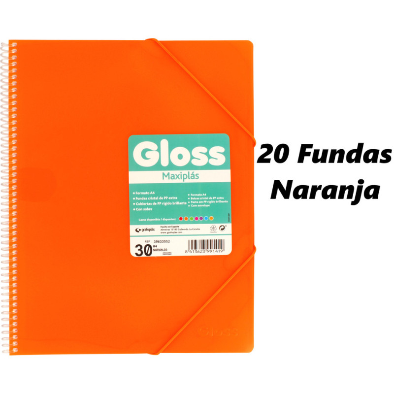 CARPETA ESCAPARATE A4 MAXIPLAS GLOSS FUNDA BRILLO 20F NARANJA GRAFOPLAS 39832552