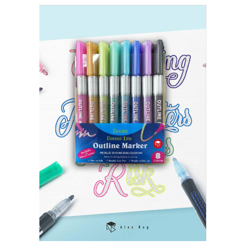 ROTULADOR BICOLOR BORDE PLATA BLISTER 8U ALEX BOG OUTLINE PEN AB-0380