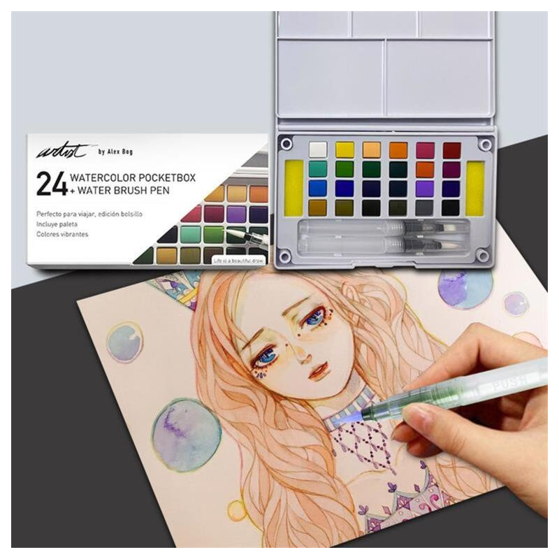 CAJA 24 ACUARELAS C/PINCELES AGUA ALEX BOG AB-0447