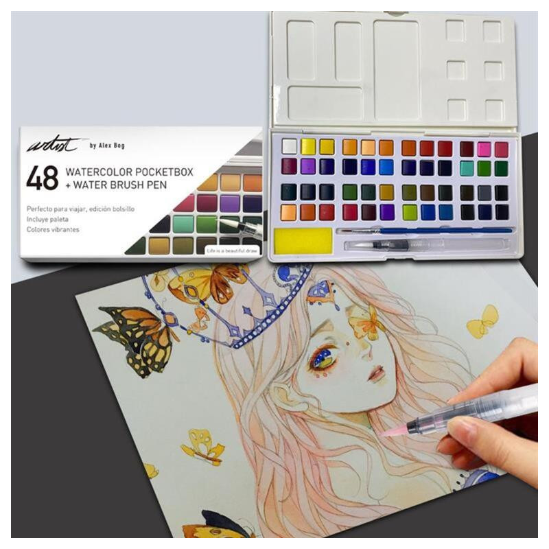 CAJA 48 ACUARELAS C/PINCELES AGUA ALEX BOG AB-0448