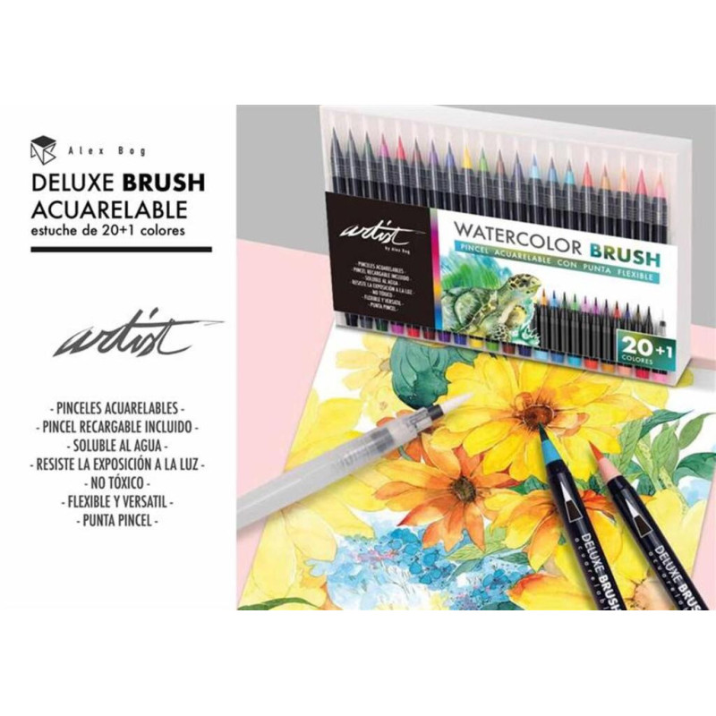 ROTULADOR PUNTA PINCEL PROFESIONAL ACUARELABLE + PINCEL AGUA 20 COLORES SURTIDOS AB-0502
