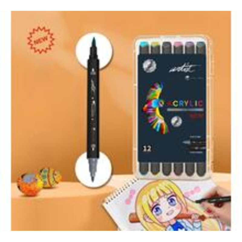 ESTUCHE ARTIST 12 MARCADORES ACRILICOS DOBLE PUNTA PINCEL SURTIDOS ALEX BOG AB-0656