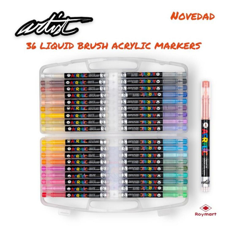 ROTULADOR ACRILICO PINCEL ALEX BOG LIQUID BRUSH MALETA REGALO 36 COLORES AB-0666