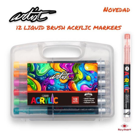 ROTULADOR ACRILICO PINCEL ALEX BOG LIQUID BRUSH MALETA REGALO 12 COLORES AB-0664