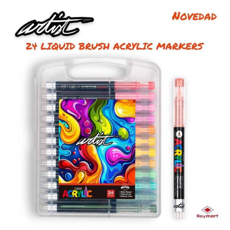 ROTULADOR ACRILICO PINCEL ALEX BOG LIQUID BRUSH MALETA REGALO 24 COLORES AB-0665
