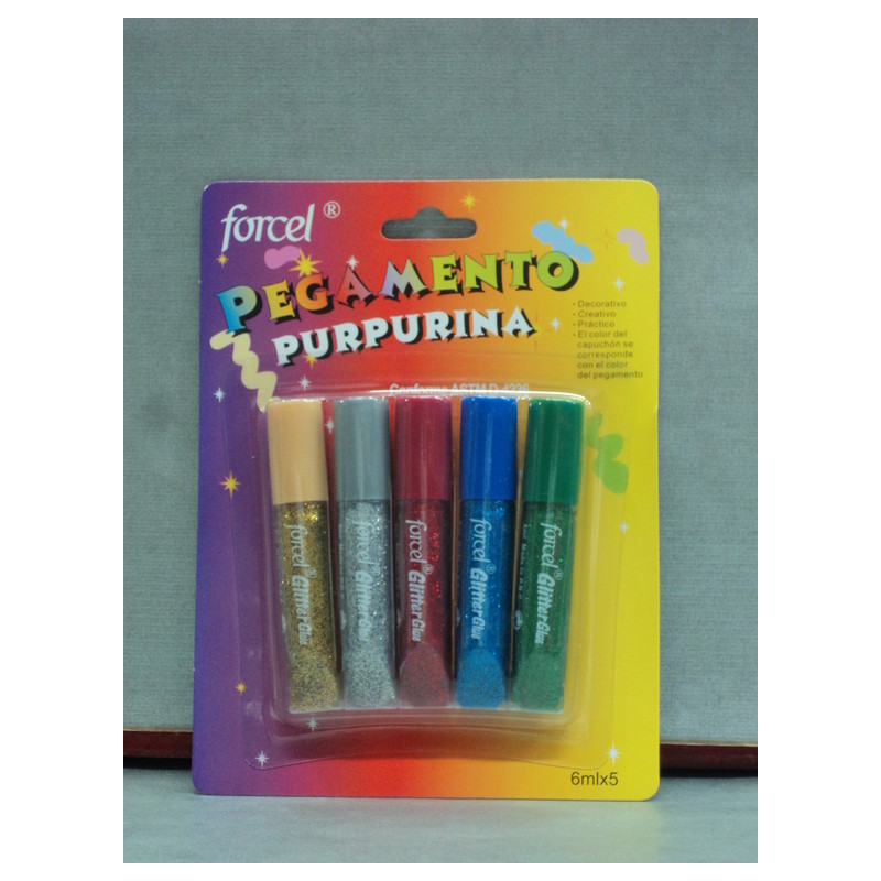 PEGAMENTO PURPURINA FORCEL GLITTER GLUE FLUOR 5 COL 6ML BLISTER 2020