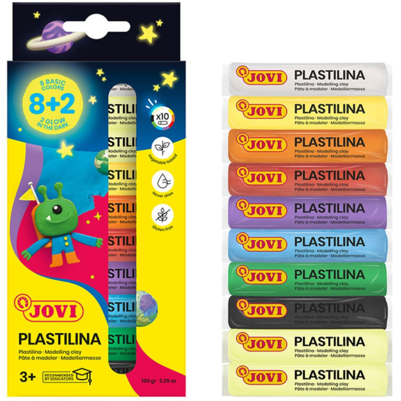 PLASTILINA caja 10 BARRAS 15 G 8 COLORES BÁSICOS + 2 FOSFORESCENTE JOVI