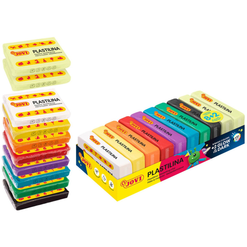 PLASTILINA BANDEJA 10 PASTILLAS 50 G 8 COLORES BÁSICOS + 2 FOSFORESCENTE JOVI