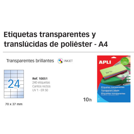 ETIQUETAS APLI INKJET A-4 TRANSPARENTE 70*37 10H 10051