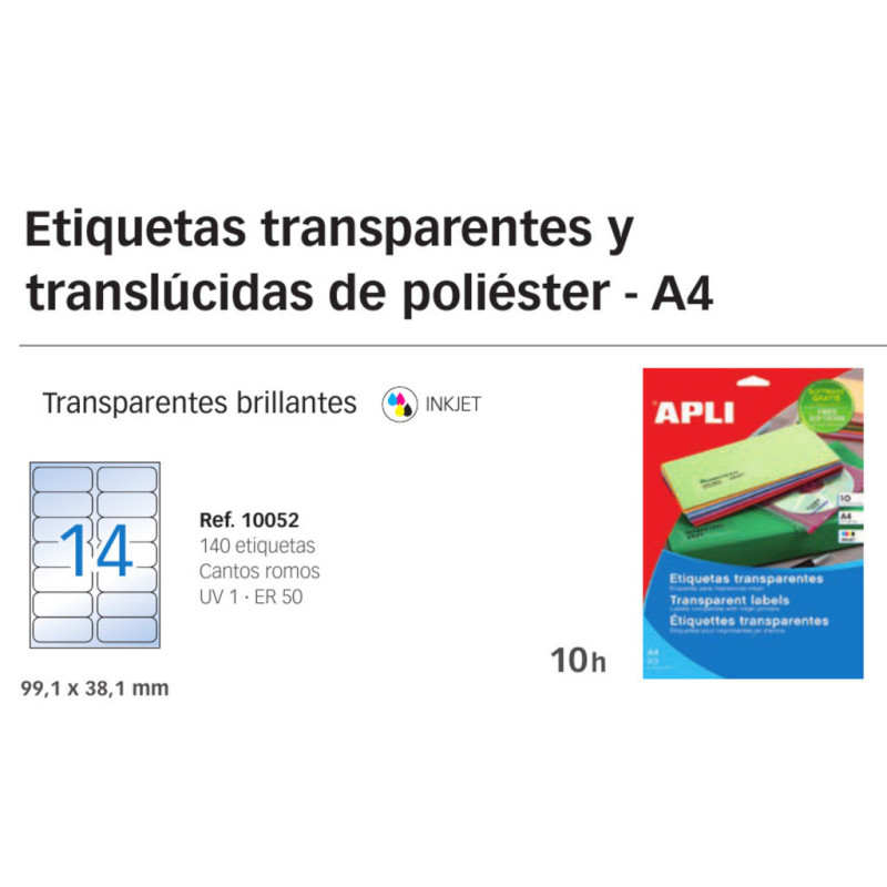 ETIQUETAS APLI INKJET A-4 TRANSPARENTE 99.1*38.1 10H 10052