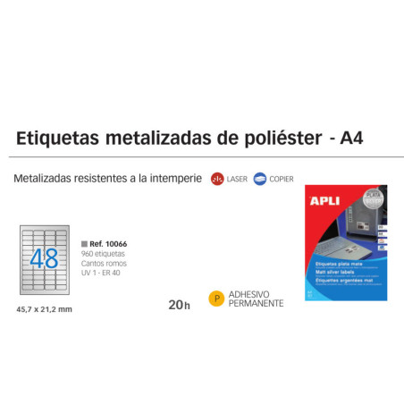 ETIQUETAS APLI L/C A-4 POLIESTER PLATA INTERPERIE 45,7*21,2 20H 10066