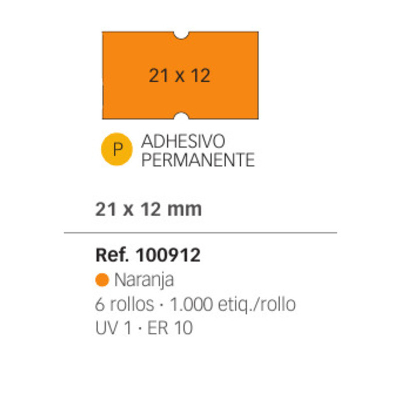 ETIQUETAS MAQ. APLI 21*12 NARANJA PERMANENTE ROLLO 1000U PACK 6 ROLLOS 100912