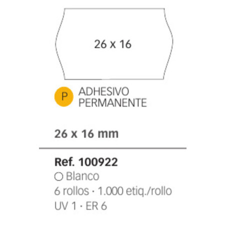 ETIQUETAS MAQ. APLI 26*16 BLANCO PERMANENTE P+T ROLLO 1000U PACK 6 ROLLOS