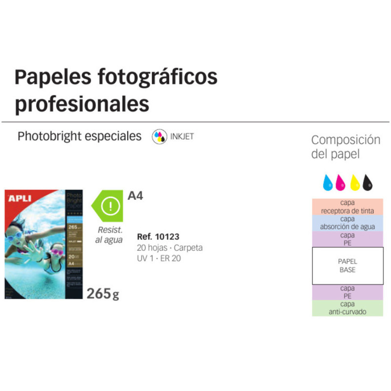 PAPEL APLI INKJET A-4 FOTO WATER RESIST 265G 10H 10123