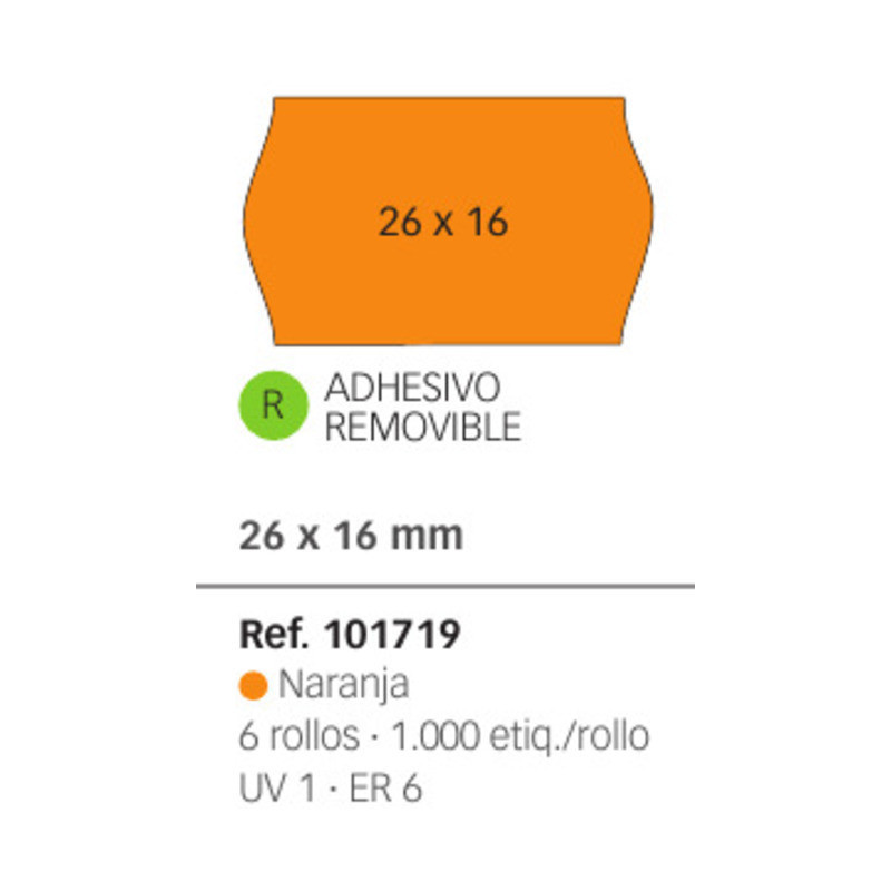ETIQUETAS MAQ. APLI 26*16 NARANJA REMOVIBLE P+T ROLLO 1000U PACK 6 ROLLOS