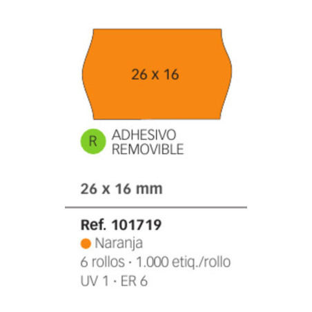 ETIQUETAS MAQ. APLI 26*16 NARANJA REMOVIBLE P+T ROLLO 1000U PACK 6 ROLLOS