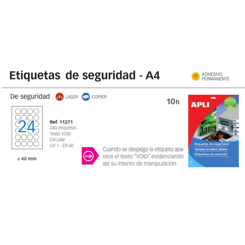 ETIQUETAS APLI L/C A-4 POLIESTER BLANCO SEGURIDAD CIRCULO 40MM 10H 11271