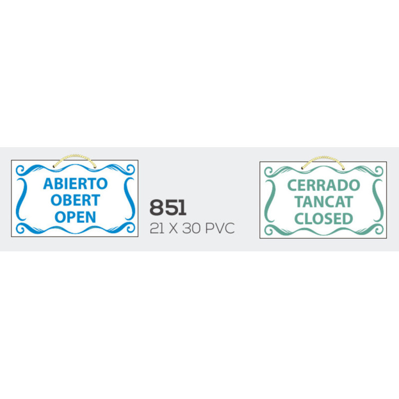 LETRERO PVC 15*25  ABIERTO-CERRADO ESP-VAL-ING MOD.851