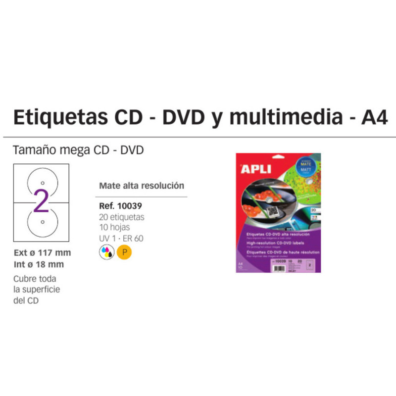 ETIQUETAS APLI INKJET A-4 CD MEGA REMOVIBLE FOTO 10H 10039