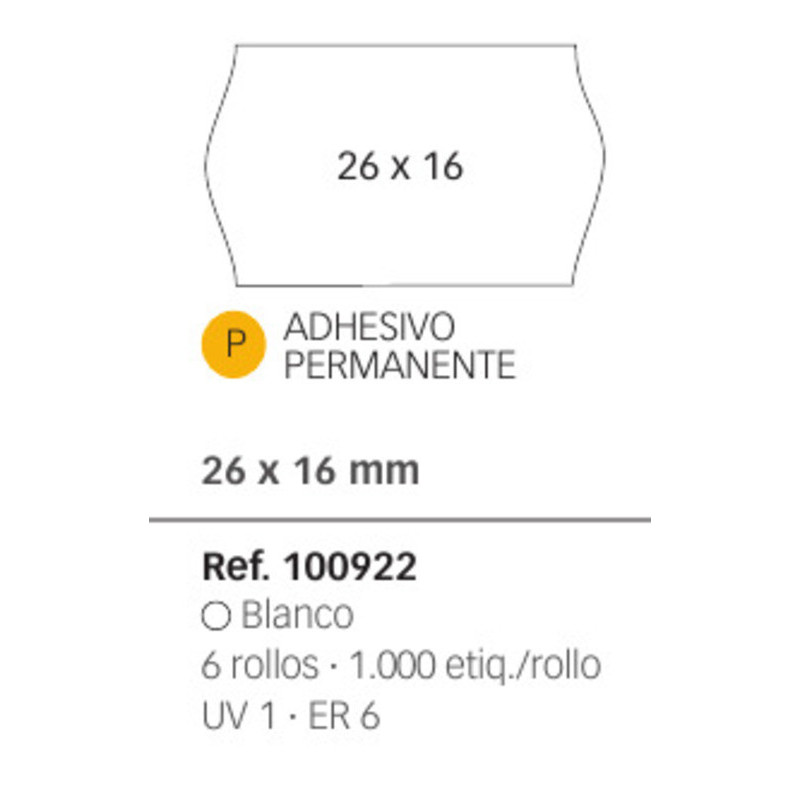 ETIQUETAS MAQ. APLI 26*16 BLANCO PERMANENTE P+T ROLLO 1000U PACK 6 ROLLOS