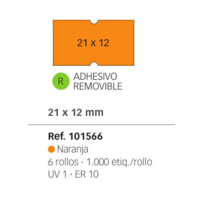 ETIQUETAS MAQ. APLI 21*12 NARANJA REMOVIBLE ROLLO 1000U PACK 6 ROLLOS 101566