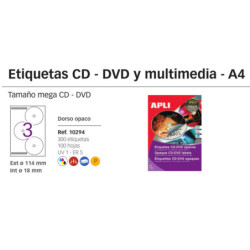 ETIQUETAS APLI I/L/C A-4 CD OPACA MEGA 3*HOJA 100H 10294