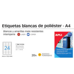 ETIQUETAS APLI L/C A-4 POLIESTER BLANCO INTERPERIE 64*34 20H 1226