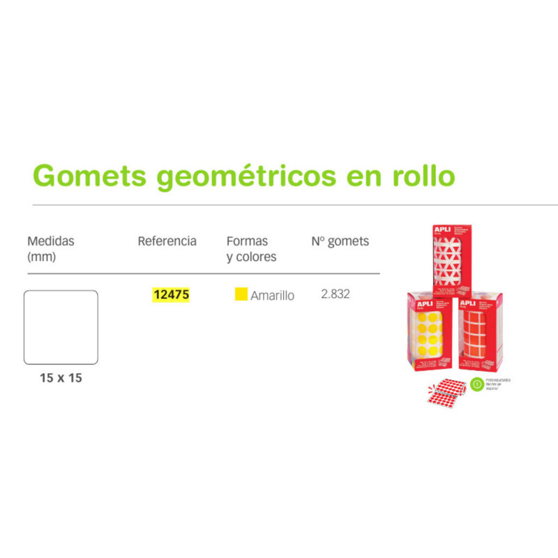 ETIQUETAS APLI GOMETS ROLLO CUADRADO 15MM AMARILLO 12475