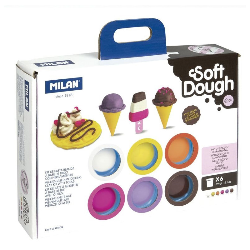 MALETIN 6 BOTES 59 G PASTA BLANDA SOFT DOUGH CON HERRAMIENTAS HELADOS Y GOFRES MILAN