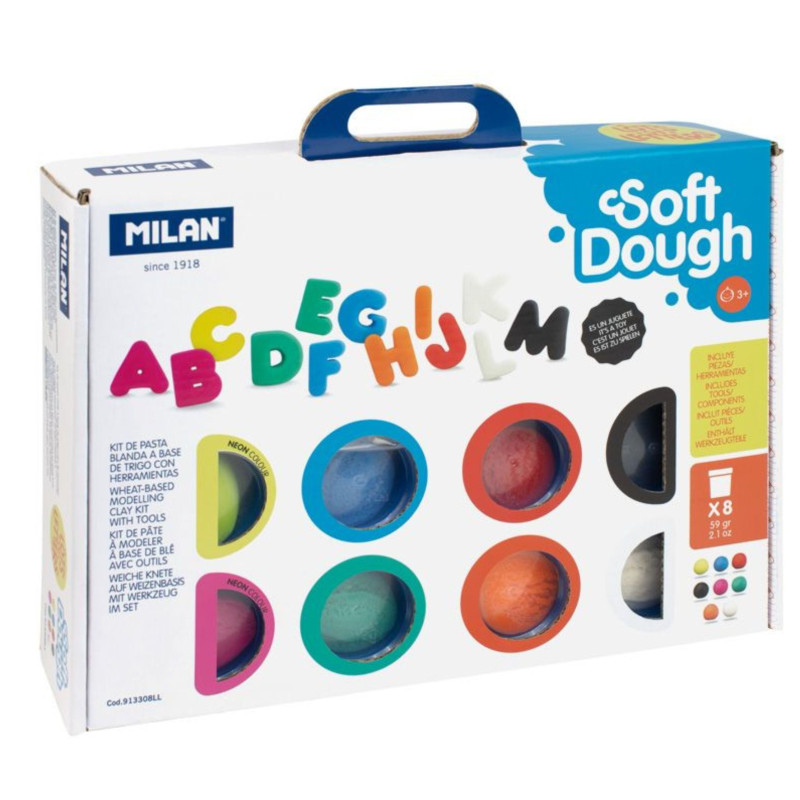 MALETIN 8 BOTES 59 G PASTA BLANDA SOFT DOUGH CON HERRAMIENTAS MUCHAS LETRAS MILAN