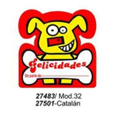 ETIQUETAS FELICIDADES METALIZADA ARGU PERRO HUESO 250U 27483 ^