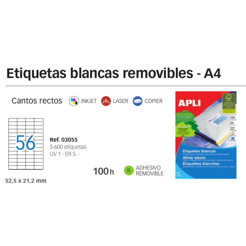 ETIQUETAS APLI I/L/C A-4 REMOVIBLE  52.5*21.2 100H 03055