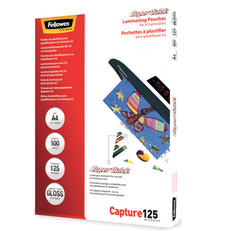 FUNDA PLASTIFICAR 210*297 A-4 APDO ALTA VELOCIDAD 125M  C/100U FELLOWES 5440101