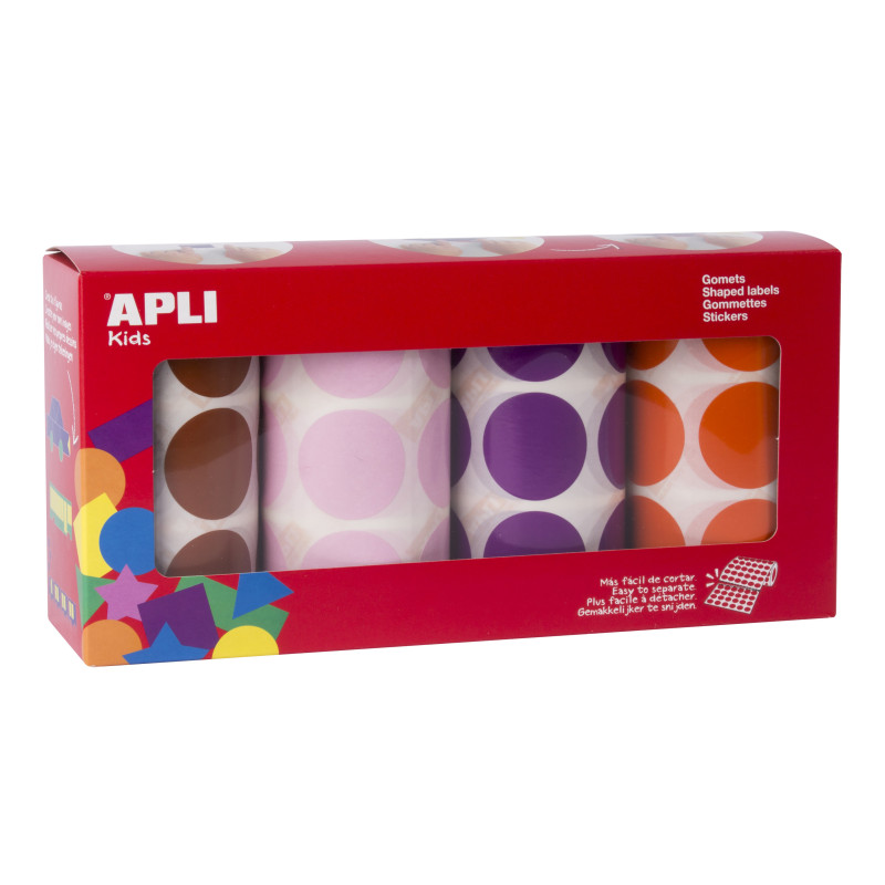 PACK 4 ROLLOS GOMETS REDONDOS Ø 33 MM MARRÓN, ROSA, LILA Y NARANJA 4 U. APLI 102411