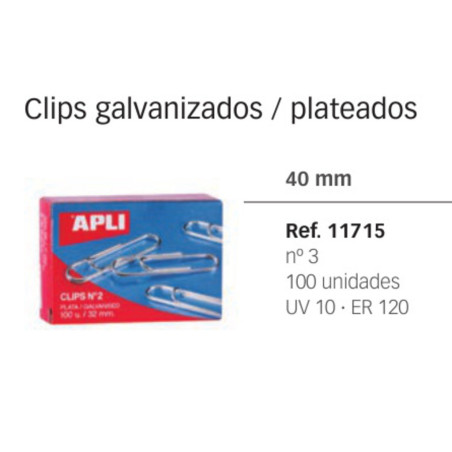 CLIPS APLI 3 BILABIADOS 40MM PLATEADOS C/1000 11715